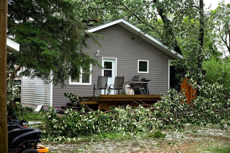 A grey home with white trim and a wooden deck surrounded by fallen tree limbs and debris, highlighting the immediate need for a storm damage inspection to check for structural roof issues.