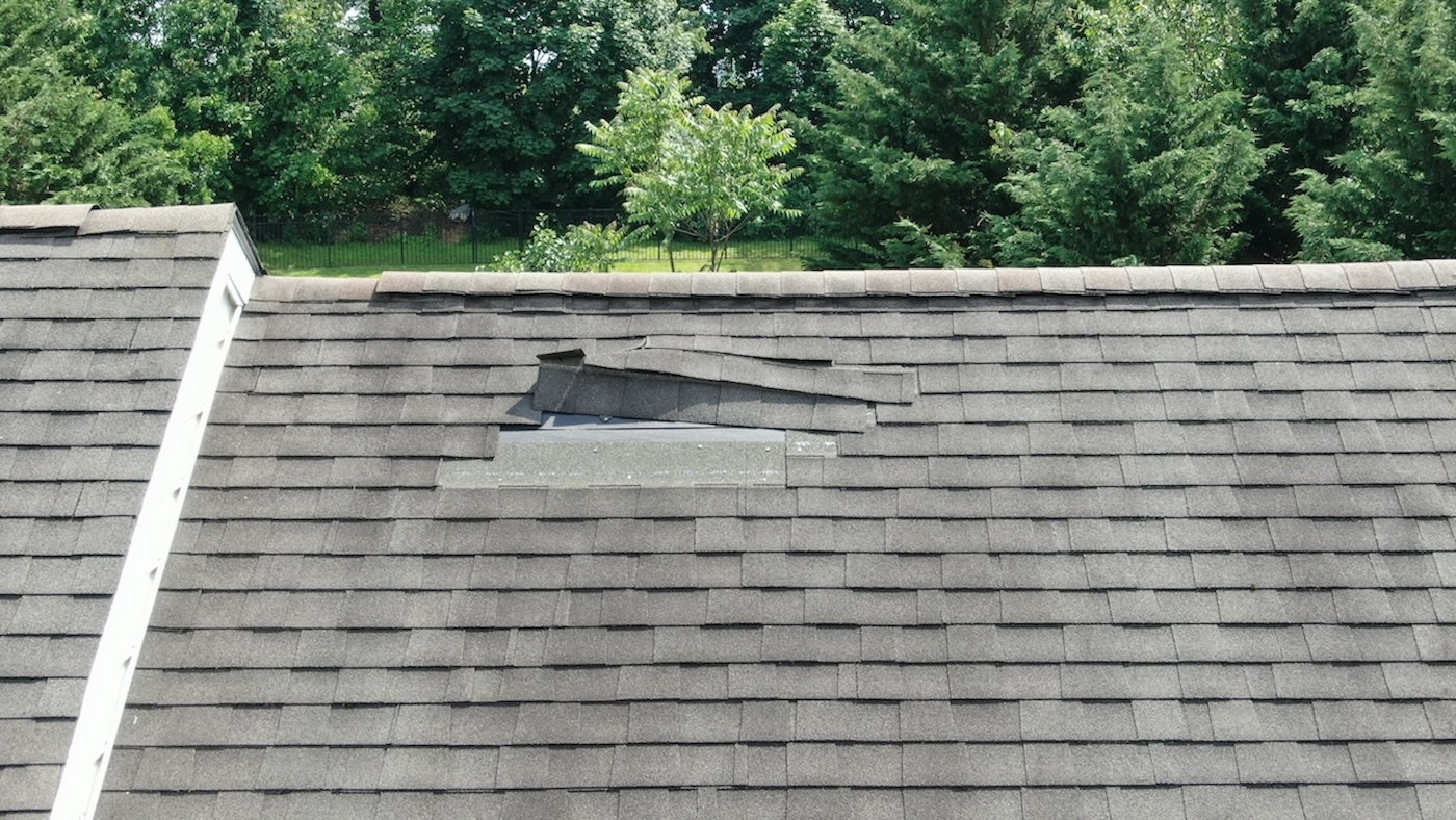 A detailed high-angle view of a residential roof showing several lifted shingles that have been torn and folded back by severe weather, exposing the underlying roofing deck and requiring immediate professional repair.